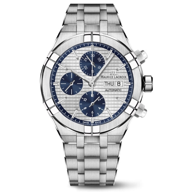 Maurice Lacroix Aikon Automatic Chronograph ∅44 mm - 20 ATM, Esfera gris/azul, brazalete de acero + correa de piel azul