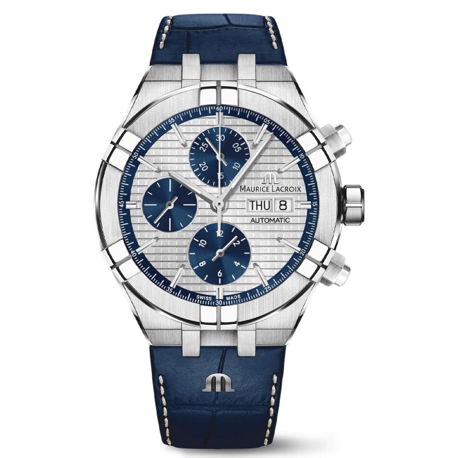 Maurice Lacroix Aikon Automatic Chronograph ∅44 mm - 20 ATM, Esfera gris/azul, brazalete de acero + correa de piel azul