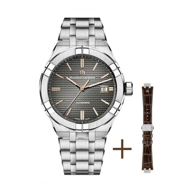 Maurice Lacroix Aikon Automatic Date ∅42 mm - 20 ATM, Esfera gris indices oro rosa, Brazalete de acero