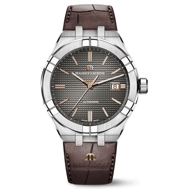 Maurice Lacroix Aikon Automatic Date ∅42 mm - 20 ATM, Esfera gris indices oro rosa, brazalete de acero + correa de piel marrón
