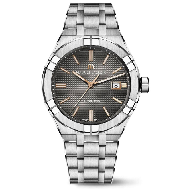 Maurice Lacroix Aikon Automatic Date ∅42 mm - 20 ATM, Esfera gris indices oro rosa, brazalete de acero + correa de piel marrón