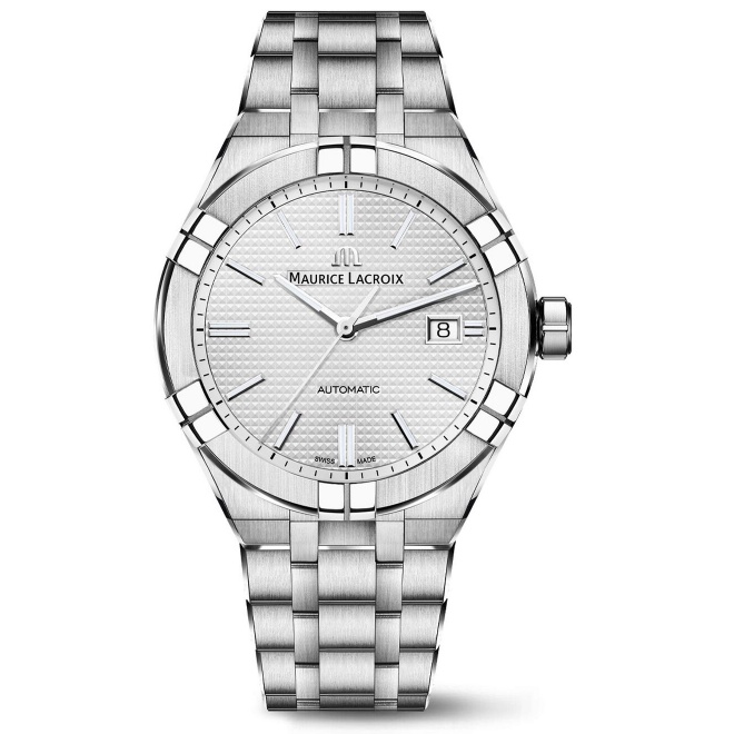 Maurice Lacroix Aikon Automatic Date ∅42 mm - 20 ATM, Esfera plateada, brazalete de acero + correa de piel marrón