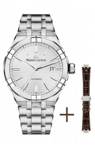 Maurice Lacroix Aikon Automatic Date ∅39 mm - 20 ATM, Esfera gris , Brazalete de acero + brazalete de piel marrón