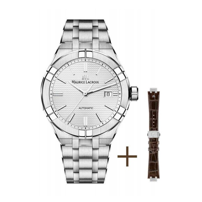Maurice Lacroix Aikon Automatic Date ∅39 mm - 20 ATM, Esfera gris , Brazalete de acero + brazalete de piel marrón