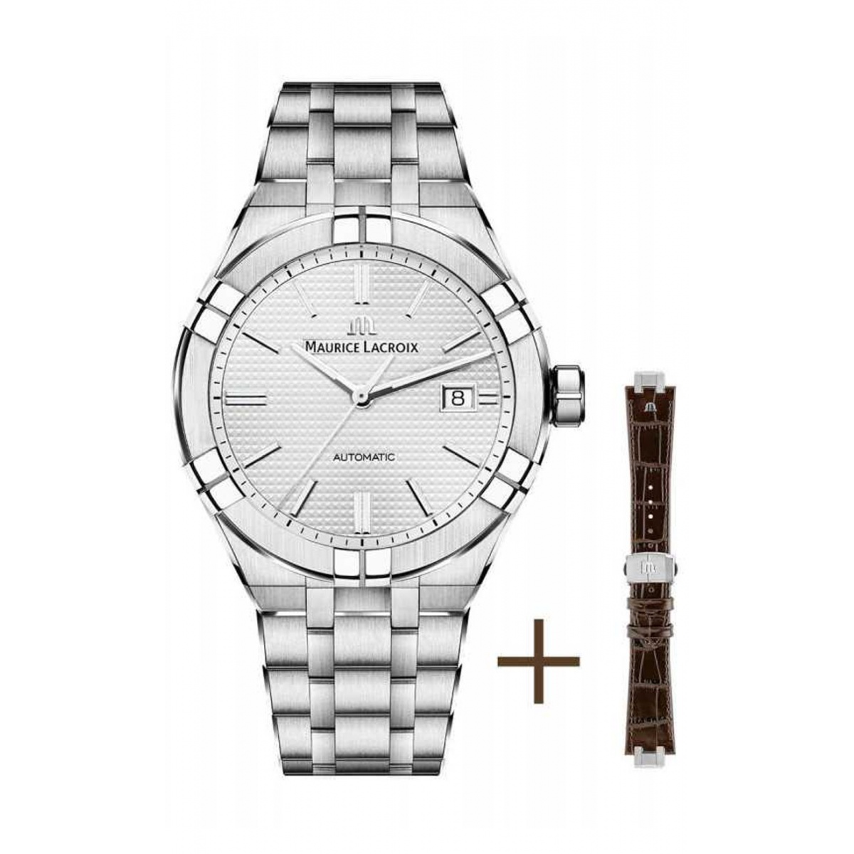 Maurice Lacroix Aikon Automatic Date ∅39 mm - 20 ATM, Esfera gris , Brazalete de acero + brazalete de piel marrón