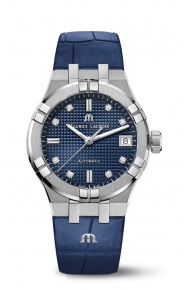 Maurice Lacroix Aikon Automatic Date ∅35 mm - 20 ATM, Esfera azul 8 diamantes, Brazalete de piel azul