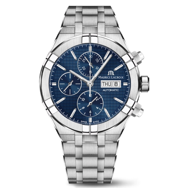 Maurice Lacroix Aikon Automatic Chronograph ∅44 mm - 20 ATM, Esfera azul, brazalete de acero + correa de caucho azul