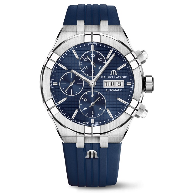 Maurice Lacroix Aikon Automatic Chronograph ∅44 mm - 20 ATM, Esfera azul, brazalete de acero + correa de caucho azul
