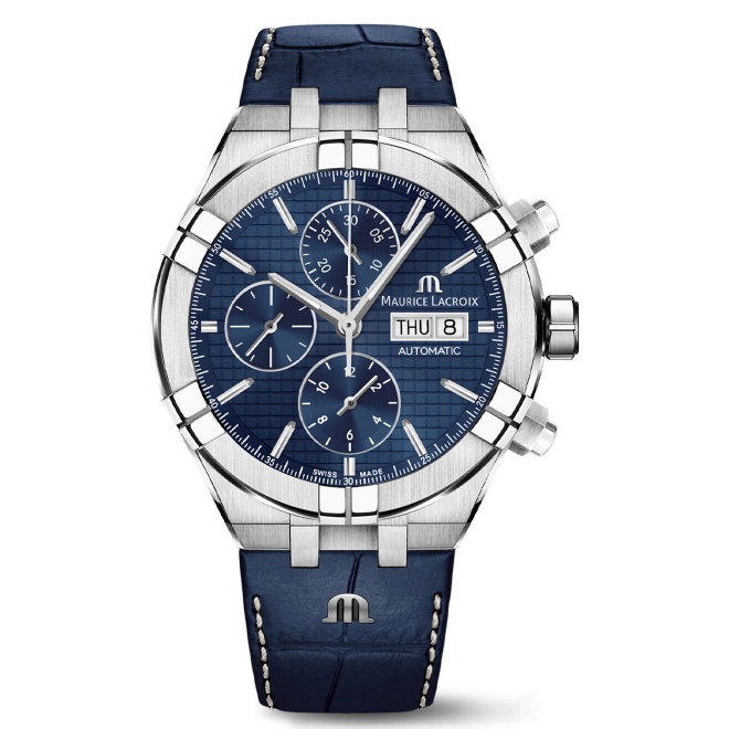Maurice Lacroix Aikon Automatic Chronograph ∅44 mm - 20 ATM, Esfera azul, brazalete de acero + correa de piel azul
