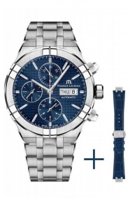 Maurice Lacroix Aikon Automatic Chronograph ∅44 mm - 20 ATM, Esfera azul, Brazalete de Acero + Brazalete de piel Azul