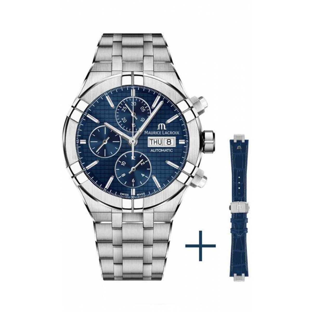 Maurice Lacroix Aikon Automatic Chronograph ∅44 mm - 20 ATM, Esfera azul, Brazalete de Acero + Brazalete de piel Azul