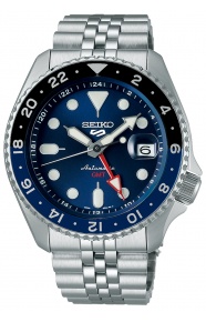 Seiko 5 Sports Sports Style GMT ∅42,5 mm - 100M, Esfera azul, bisel azul y negro, brazalete de acero