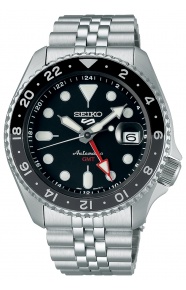 Seiko 5 Sports Sports Style GMT ∅42,5 mm - 100M, Esfera negra, bisel negro y gris, brazalete de acero