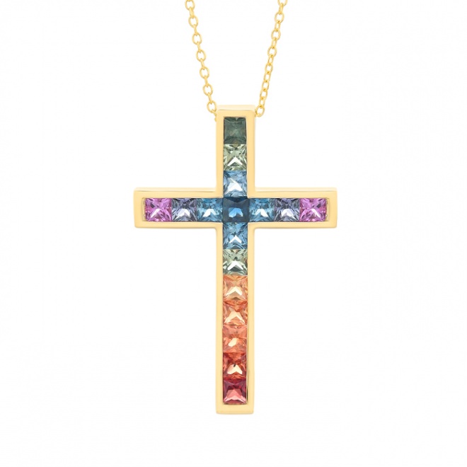 olgante Cruz de oro amarillo con zafiros multicolor (2,00 Ct. total)