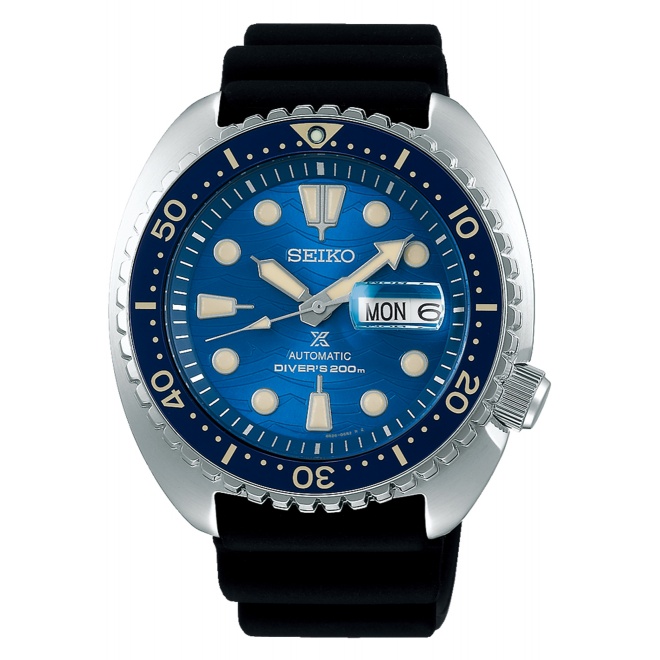 Seiko Prospex Save The Ocean Tiburón Tortuga ∅45 mm - 200M, Esfera azul, bisel azul, brazalete de silicona negra