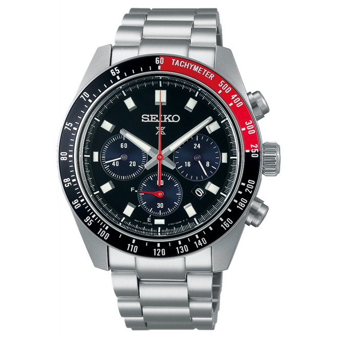 Seiko Prospex Speedtimer Crono Solar ∅41,4 mm - 100M, Esfera negra, bisel negro y rojo, brazalete de acero
