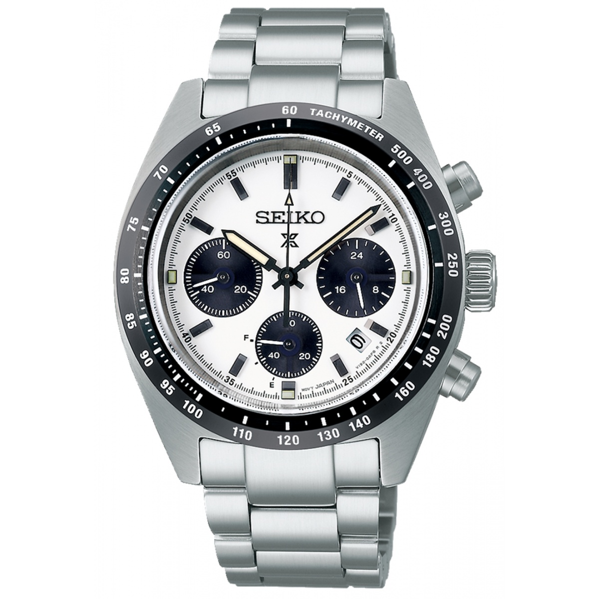 Seiko Prospex Speedtimer Crono Solar ∅39 mm - 100M, Esfera blanca, bisel negro, brazalete de acero