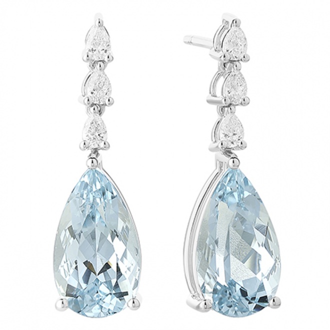 Pendientes de oro blanco de 18K con aguamarinas azules en talla pera de 5,76 cts 15 x 7 mm y diamantes 0,40 cts 6 piedras