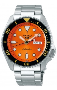 Seiko 5 Sports Automático ∅42,5 mm - 100M, Esfera naranja, bisel negro, brazalete de acero