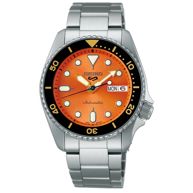 Seiko 5 SKX Sports Style Automático ∅38 mm - 100M, Esfera naranja, bisel negro, brazalete de acero
