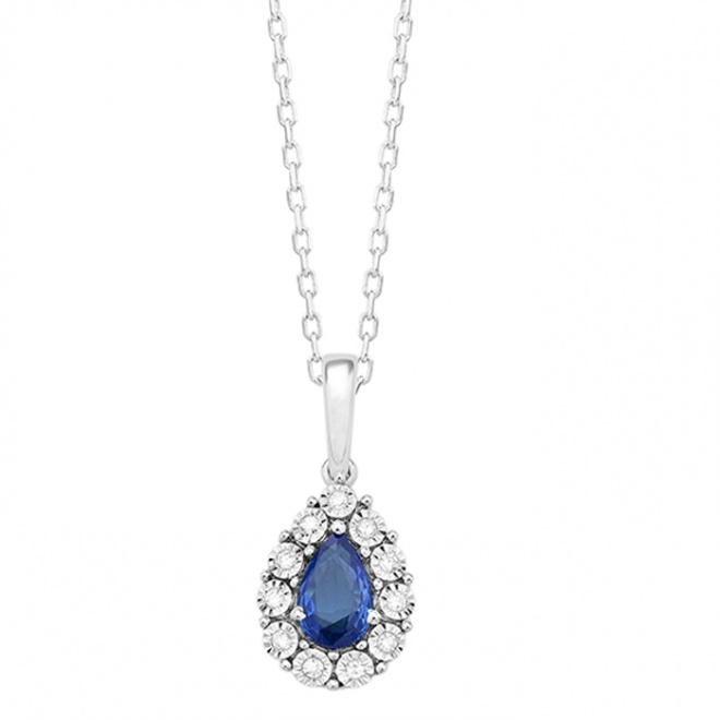 Colgante de oro blanco de 18K con zafiro azul en talla pera de 0,31 cts y diamantes en talla brillante de 0,04 cts
