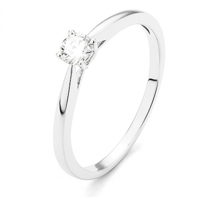 Anillo solitario de compromiso de oro blanco de 18K con diamante central en 4 garras de 0,20 quilates