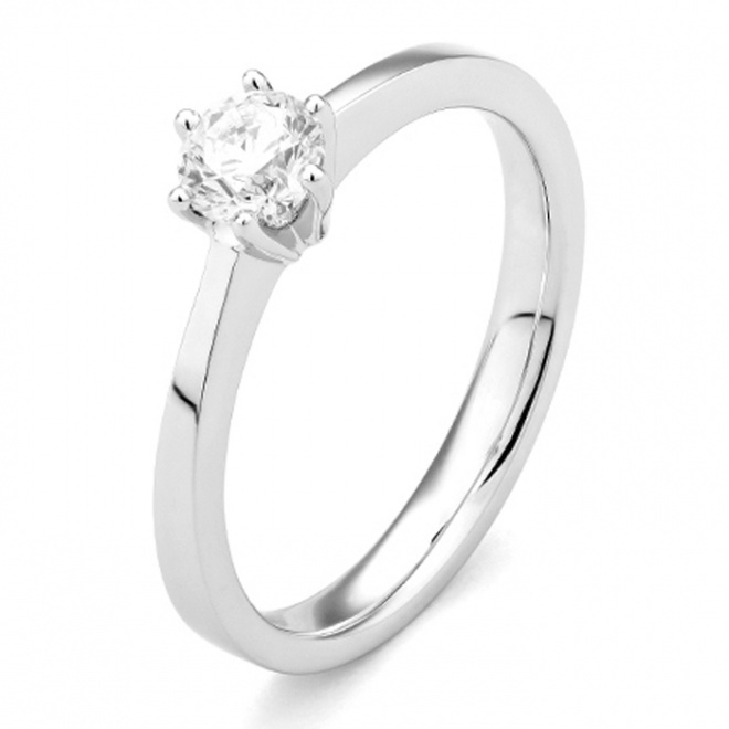 Anillo solitario de compromiso de oro blanco de 18K con diamante central en 6 garras de 0,40 quilates