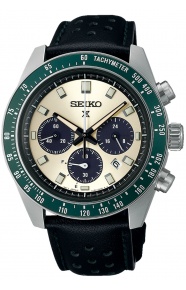 Seiko Prospex Speedtimer Solar bisel verde ∅41,4 mm - 100M, Esfera negra, brazalete de piel negra