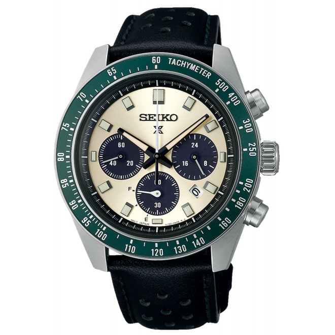 Seiko Prospex Speedtimer Solar bisel verde ∅41,4 mm - 100M, Esfera negra, brazalete de piel negra