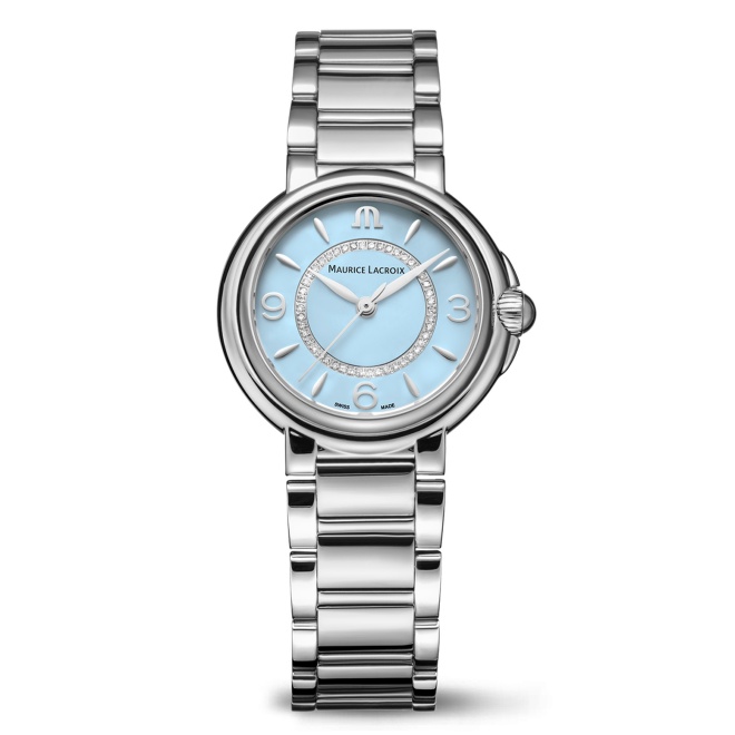 Maurice Lacroix Fiaba Colours Edition ∅32 mm - 5 ATM, Esfera azul claro, brazalete de acero. 46 diamantes