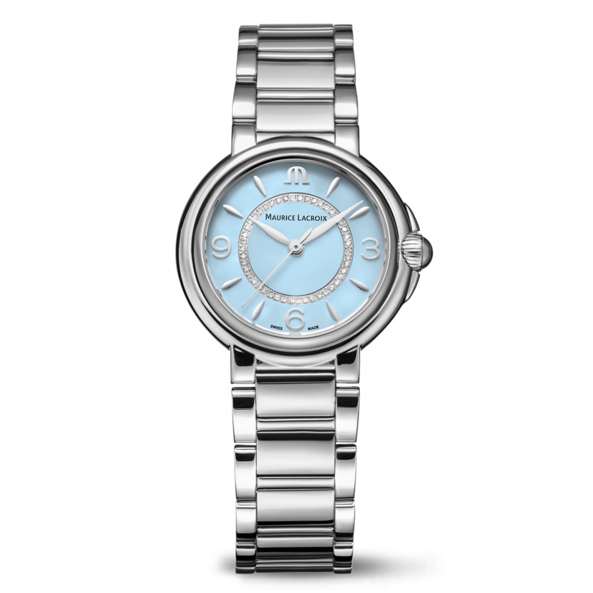 Maurice Lacroix Fiaba Colours Edition ∅32 mm - 5 ATM, Esfera azul claro, brazalete de acero. 46 diamantes