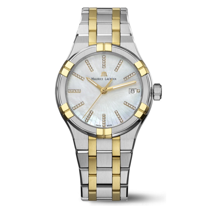 Maurice Lacroix Aikon Quartz ∅35 mm - 10 ATM, Bicolor PVD Oro amarillo, Esfera Nácar, Brazalete de Acero