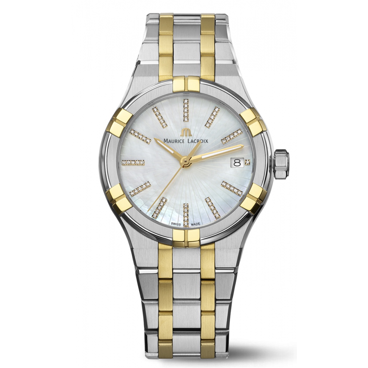Maurice Lacroix Aikon Quartz ∅35 mm - 10 ATM, Bicolor PVD Oro amarillo, Esfera Nácar, Brazalete de Acero