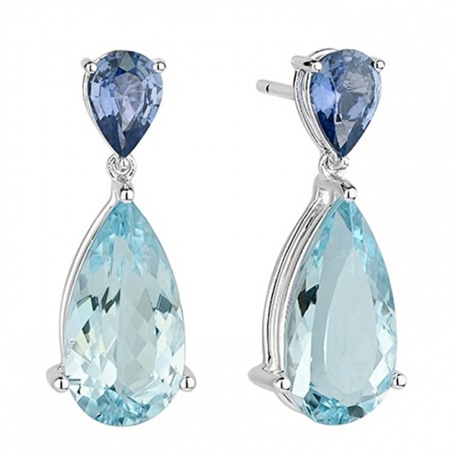 Pendientes de oro blanco de 18K con aguamarinas de 15x8 mm y zafiros azules de 7x5 mm