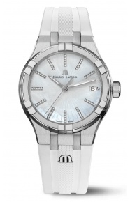 Maurice Lacroix Aikon Quartz Date ∅35 mm - 10 ATM Esfera madre perla, Brazalete de caucho blanco.