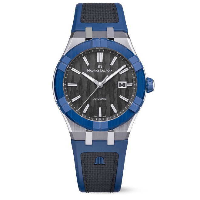 Maurice Lacroix Aikonic Automatic ∅43 mm - 10 ATM, Esfera negra, Bisel negro Brazalete de caucho negro y azul