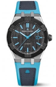 Maurice Lacroix Aikonic Automatic ∅43 mm - 10 ATM, esfera negra, bisel negro, brazalete de caucho negro y turquesa
