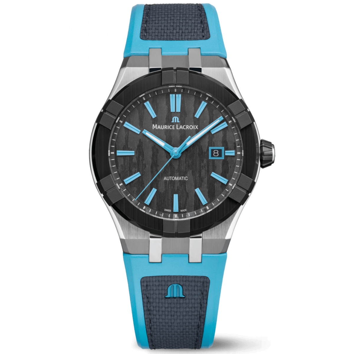 Maurice Lacroix Aikonic Automatic ∅43 mm - 10 ATM, esfera negra, bisel negro, brazalete de caucho negro y turquesa