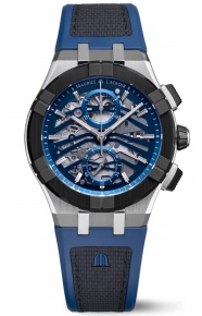 Maurice Lacroix Aikonic Automatic Chronograph Skeleton ∅43 mm - 10 ATM, esfera azul, correa de caucho negro y azul