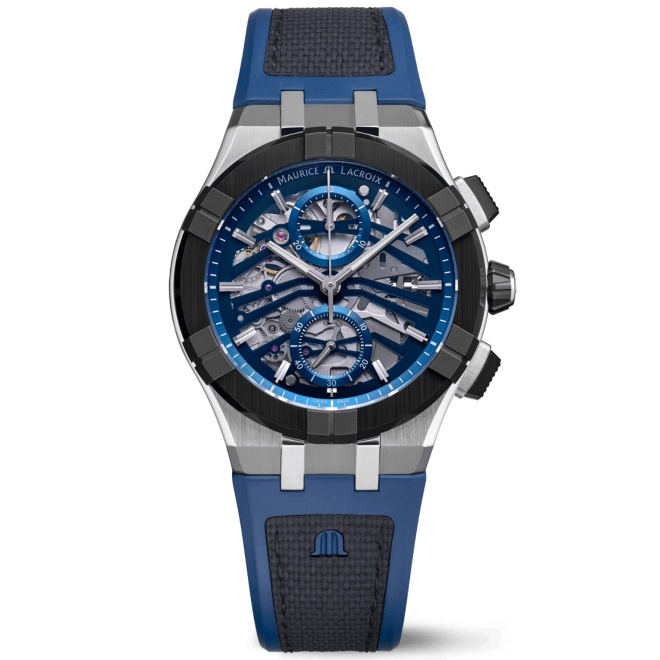 Maurice Lacroix Aikonic Automatic Chronograph Skeleton ∅43 mm - 10 ATM, esfera azul, correa de caucho negro y azul