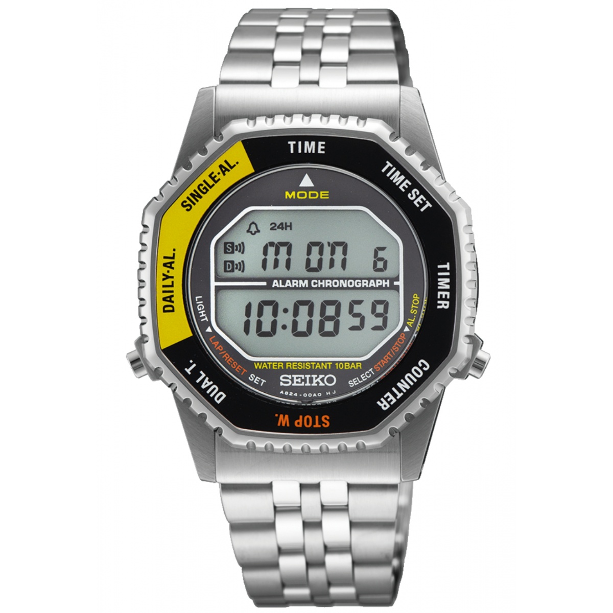 Seiko Neo Sports Digital Octag. Black-Yellow ∅37 mm - 100M, Brazalete de acero