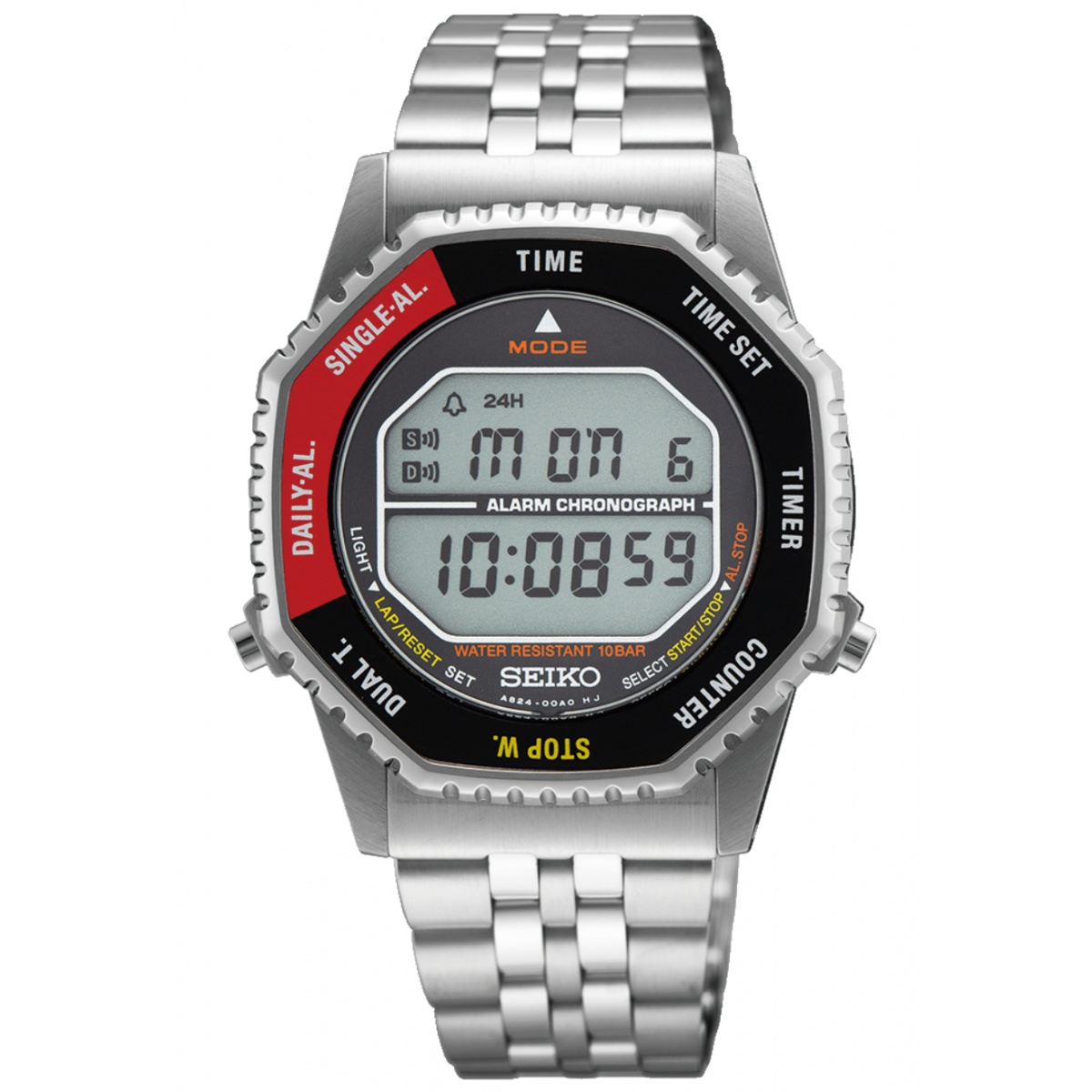 Seiko Neo Sports Digital Octag. Rotocall Black-Red ∅37 mm - 100M, Brazalete de acero