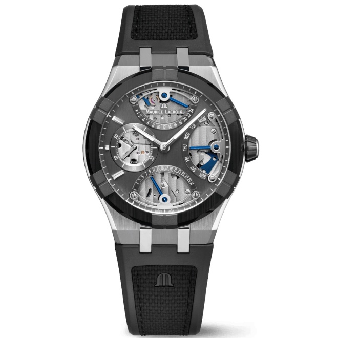 Maurice Lacroix Aikonic Master Triple Retrograde ∅43 mm - 10 ATM, Esfera antracita, correa de caucho negro