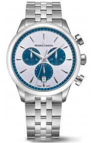 Maurice Lacroix 1975 Quartz Chronograph 40MM - 10 ATM, Esfera plateada y azul, brazalete de acero