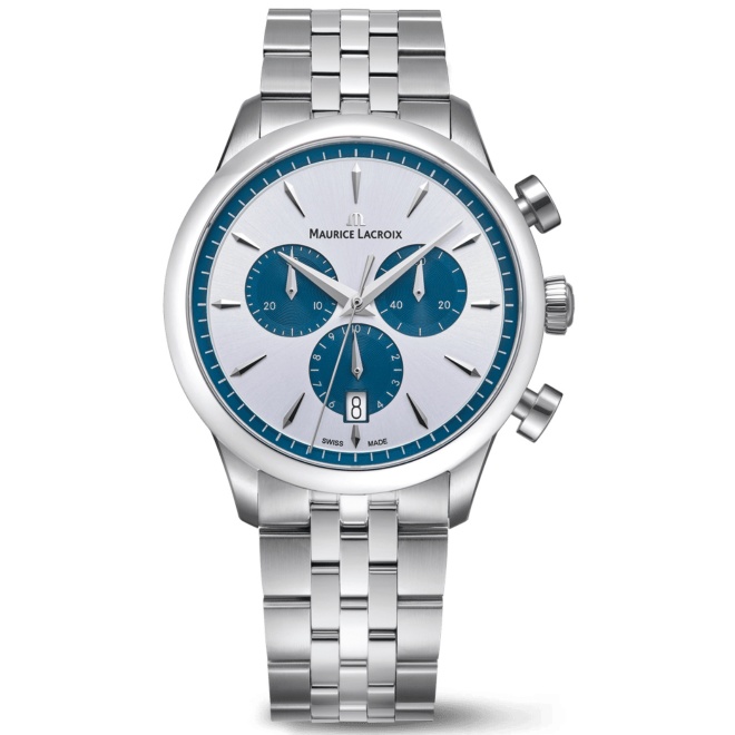 Maurice Lacroix 1975 Quartz Chronograph 40MM - 10 ATM, Esfera plateada y azul, brazalete de acero