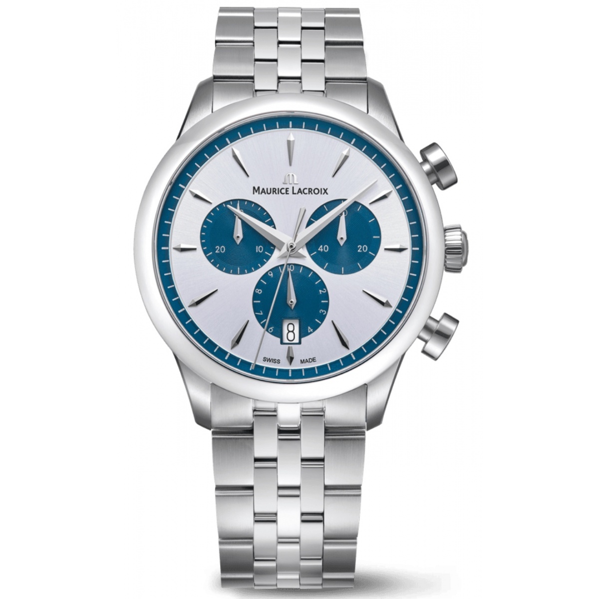 Maurice Lacroix 1975 Quartz Chronograph 40MM - 10 ATM, Esfera plateada y azul, brazalete de acero