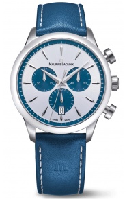 Maurice Lacroix 1975 Quartz Chronograph 40MM - 10 ATM, Esfera plateada y azul, brazalete de pien azul
