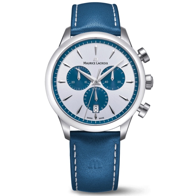 Maurice Lacroix 1975 Quartz Chronograph 40MM - 10 ATM, Esfera plateada y azul, brazalete de pien azul