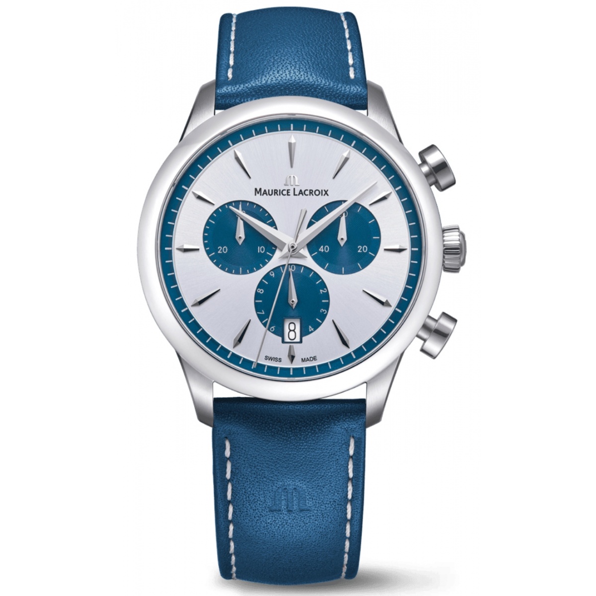 Maurice Lacroix 1975 Quartz Chronograph 40MM - 10 ATM, Esfera plateada y azul, brazalete de pien azul