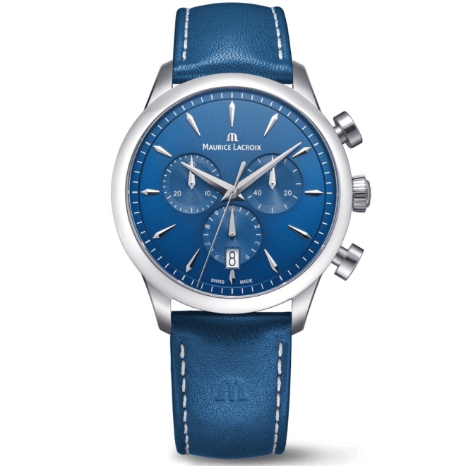 Maurice Lacroix 1975 Quartz Chronograph 40MM - 10 ATM, Esfera azul, brazalete de piel azul